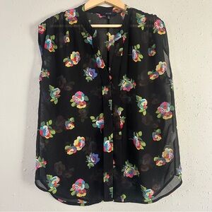 Elegant Black Floral Semi Sheer Blouse Colorful Lightweight Casual Office Small